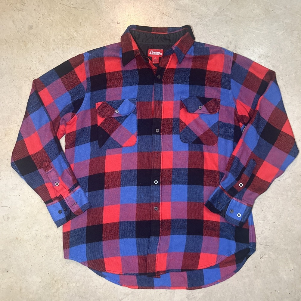Coleman Mens Large Shacket Jacket Red Blue Plaid Flannel Nylon Lined Quilted